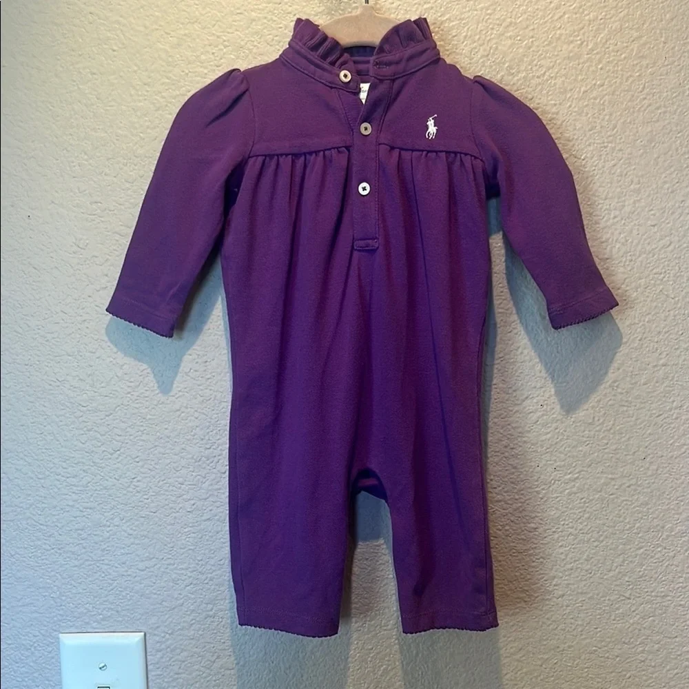 Ralph Lauren Baby Girl’s Purple Polo Shirt Style Ruffle Neck Romper 3 Months